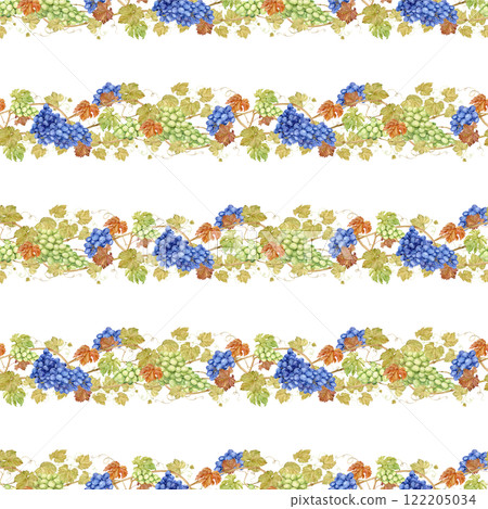 Seamless background with grapevine. Watercolor blue and green autumn grape berries and leaves. Illustrations for wine label design, grape juice, restaurant menu and for grape festival decoration. Seamless background with grapevine. Watercolor blue and green autumn grape berries and leaves. Illustrations for wine label design, grape juice, restaurant menu and for grape festival decoration. 122205034