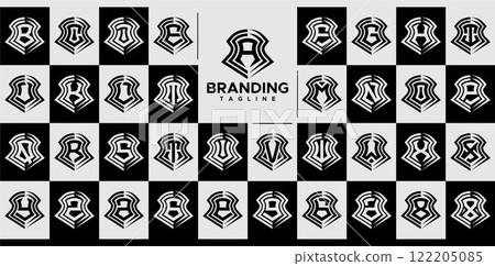 Simple line shield monogram letter A-Z logo set Simple line shield monogram letter A-Z logo set 122205085