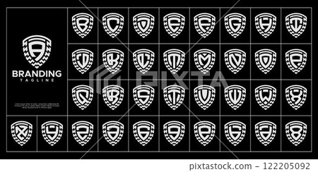 Futuristic modern line shield letter A-Z logo set Futuristic modern line shield letter A-Z logo set 122205092