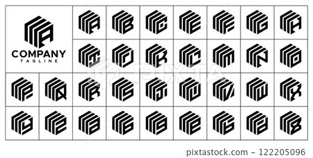 Line hexagon box pack initial A-Z letter logo set 122205096