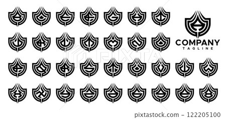 Line round shield initial letter A-Z logo bundle 122205100