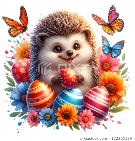 : A cute hedgehog holds a colorful Easter egg with a butterfly, surrounded by flowers and decorative eggs. A springtime and festive atmosphere. 122205189