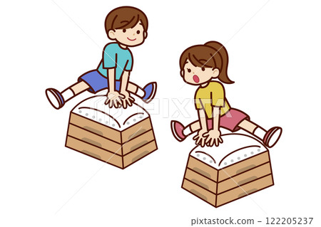 Boy and girl having fun with the vaulting box Boy and girl having fun with the vaulting box 122205237