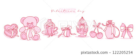 Valentine's day coquette clipart set with cute romantic aesthetic and crafts Bows, pink ribbon and polka dot pattern. Vector contour hand drawn illustration. Valentine's day coquette clipart set with cute romantic aesthetic and crafts Bows, pink ribbon and polka dot pattern. Vector contour hand drawn illustration. 122205254