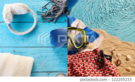 Bold contrast of summer snorkeling gear and red patterned shorts with winter whites and fuzzy accessories, embracing dual-season adventures and relaxation. Bold contrast of summer snorkeling gear and red patterned shorts with winter whites and fuzzy accessories, embracing dual-season adventures and relaxation. 122205255