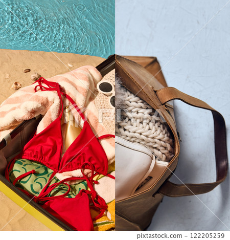 Sand and sea scene featuring red bikini, gold sunscreen, cozy towel paired with winter leather bag and knits, showing versatility between summer and winter getaways. 122205259