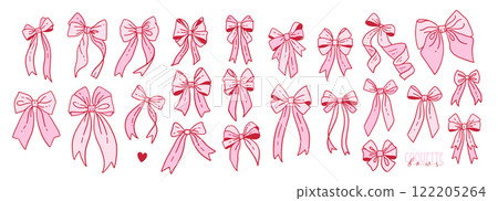 Big set with Coquette pink Gingham bows in vintage feminine Aesthetics. Vector contour hand drawn illustration. Valentine's day romantic elements. Big set with Coquette pink Gingham bows in vintage feminine Aesthetics. Vector contour hand drawn illustration. Valentine's day romantic elements. 122205264