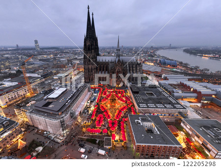 Cologne Cathedral Christmas Market. Traditional German Winter Weihnachtsmarkt in Koln, Germany. Aerial Drone Shot 122205298
