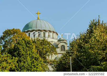 Belgrade, Serbia- 10162024: The Temple Of Saint Sava outdoor interior, people pray in an Orthodox church, frescoes on the ceilings and walls of the church Belgrade, Serbia- 10162024: The Temple Of Saint Sava outdoor interior, people pray in an Orthodox church, frescoes on the ceilings and walls of the church 122205582