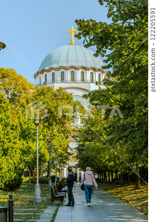 Belgrade, Serbia- 10162024: The Temple Of Saint Sava outdoor interior, people pray in an Orthodox church, frescoes on the ceilings and walls of the church Belgrade, Serbia- 10162024: The Temple Of Saint Sava outdoor interior, people pray in an Orthodox church, frescoes on the ceilings and walls of the church 122205591