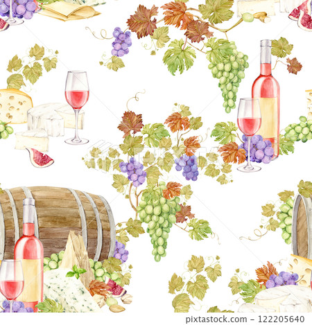 Seamless pattern with Pink wine and snack on a wooden barrel background. Bottle of light wine, glass of pink wine, grapes, brie and cheddar cheese, blue cheese with mold and figs. Watercolor. 122205640