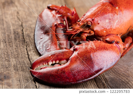 Boiled lobster on wooden background 122205783
