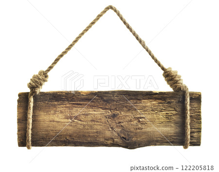 Wooden sign hanging on rope Wooden sign hanging on rope 122205818
