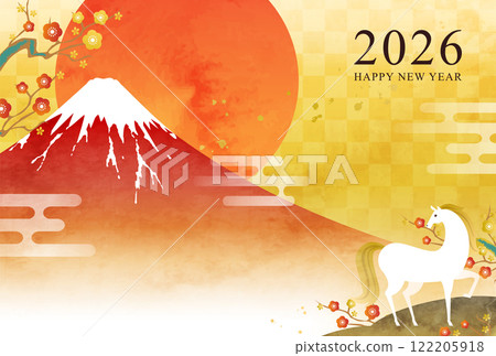 2026年新年賀卡的向量圖模板,帶有水彩富士山、馬和第一個日出(馬年、牛年) 2026年新年賀卡的向量圖模板,帶有水彩富士山、馬和第一個日出(馬年、牛年) 122205918