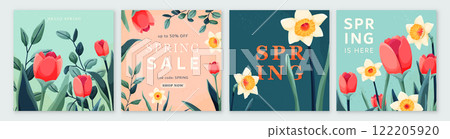 Spring set vector background. Floral pattern for greeting cards, posters, covers design. Bloom flowers, leaves, textures, sale text typography in modern style. Squared shape 122205920