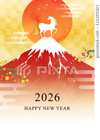 Vector illustration template for the 2026 New Year's card with watercolor Mount Fuji, horses and the first sunrise (Year of the Horse, Ox) 122205921
