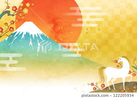 Vector illustration template for the 2026 New Year's card with watercolor Mount Fuji, horses and the first sunrise (Year of the Horse, Ox) 122205934