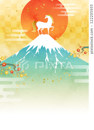 Vector illustration template for the 2026 New Year's card with watercolor Mount Fuji, horses and the first sunrise (Year of the Horse, Ox) 122205935