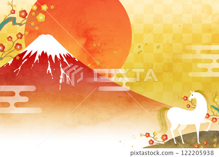2026年新年賀卡的向量圖模板，帶有水彩富士山、馬和第一個日出（馬年、牛年） 122205938