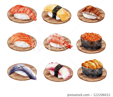 壽司 + 盤子卷 9 插圖手寫水彩觸摸 122206012