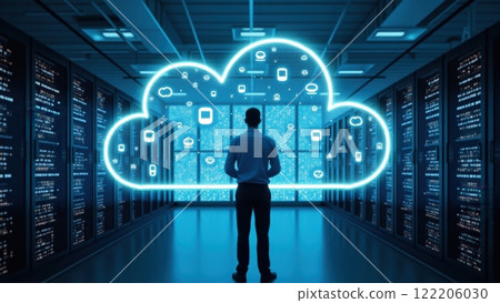 Futuristic Data Center with Professional in Background Futuristic Data Center with Professional in Background 122206030