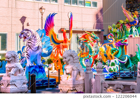 Yokohama cityscape in Japan, January 7. 2025 Chinese New Year lanterns. A row of sacred animals in front of "Kaiho-tei" in Yamashitacho Park... = 22nd Yokohama cityscape in Japan, January 7. 2025 Chinese New Year lanterns. A row of sacred animals in front of "Kaiho-tei" in Yamashitacho Park... = 22nd 122206044