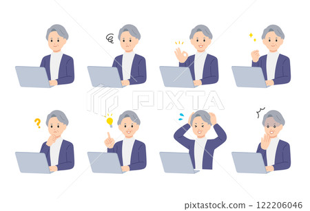 A set of senior women and elderly people with various expressions and poses while looking at a computer [People vector illustration material] 122206046