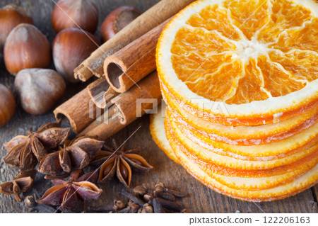 Christmas background, traditional caramelized orange slices 122206163