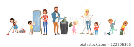 Family Cleaning House with Mother, Father and Kids Vector Set 122206306