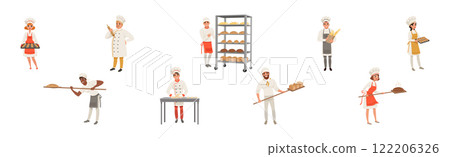 Man and Woman Baker Character Baking Bread Vector Set 122206326