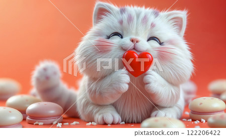 A cute smiling cat gives a red heart and smiles on Valentine's Day, the day of love A cute smiling cat gives a red heart and smiles on Valentine's Day, the day of love 122206422