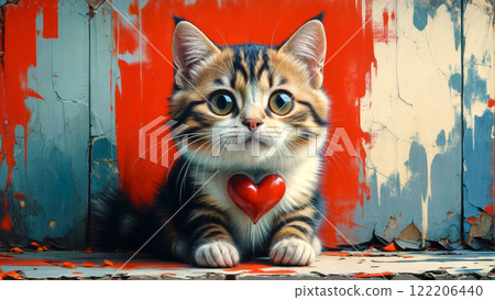 A cute smiling cat gives a red heart and smiles on Valentine's Day, the day of love 122206440