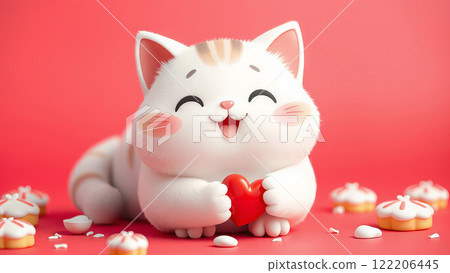 A cute smiling cat gives a red heart and smiles on Valentine's Day, the day of love 122206445