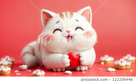 A cute smiling cat gives a red heart and smiles on Valentine's Day, the day of love 122206446