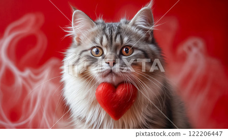 A cute smiling cat gives a red heart and smiles on Valentine's Day, the day of love A cute smiling cat gives a red heart and smiles on Valentine's Day, the day of love 122206447