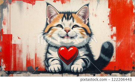 A cute smiling cat gives a red heart and smiles on Valentine's Day, the day of love 122206448