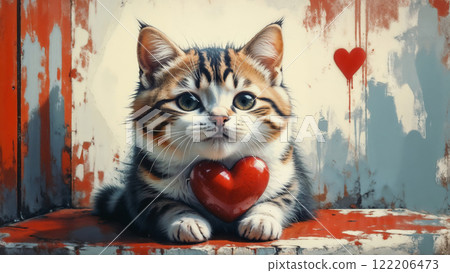 A cute smiling cat gives a red heart and smiles on Valentine's Day, the day of love 122206473