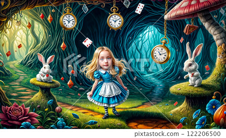 Alice falls down a rabbit hole surrounded by floating cards, coins, clocks and books in a wonderland 122206500