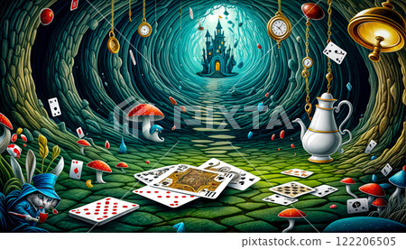 Alice falls down a rabbit hole surrounded by floating cards, coins, clocks and books in a wonderland Alice falls down a rabbit hole surrounded by floating cards, coins, clocks and books in a wonderland 122206505