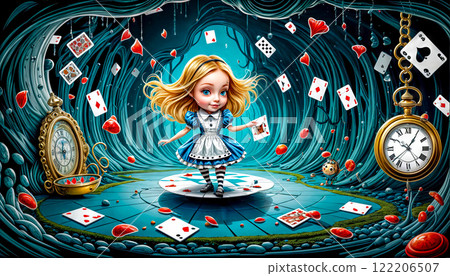 Alice falls down a rabbit hole surrounded by floating cards, coins, clocks and books in a wonderland 122206507