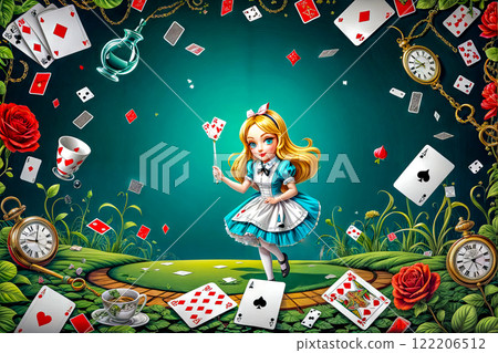 Alice falls down a rabbit hole surrounded by floating cards, coins, clocks and books in a wonderland Alice falls down a rabbit hole surrounded by floating cards, coins, clocks and books in a wonderland 122206512