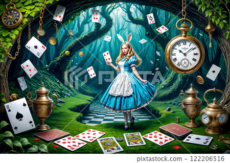 Alice falls down a rabbit hole surrounded by floating cards, coins, clocks and books in a wonderland Alice falls down a rabbit hole surrounded by floating cards, coins, clocks and books in a wonderland 122206516