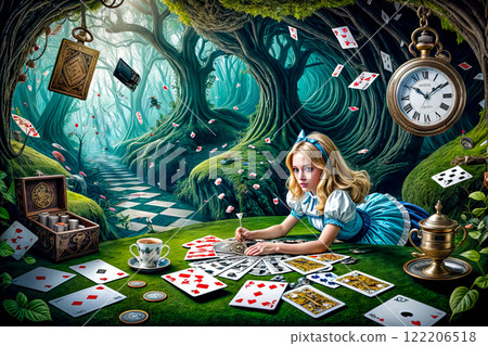 Alice falls down a rabbit hole surrounded by floating cards, coins, clocks and books in a wonderland 122206518