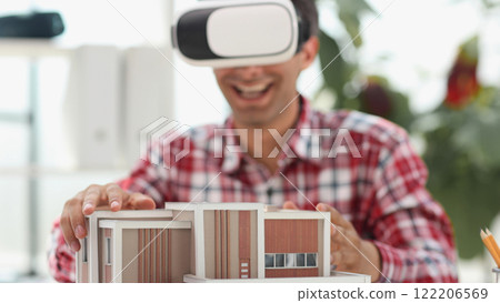 Architecture design drawings, building model on blueprint floor plan, house construction. 3d Architecture design drawings, building model on blueprint floor plan, house construction. 3d 122206569