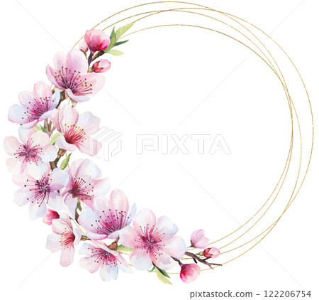 Frame with watercolor pink cherry flowers and green leaves, wedding sakura isolated illustration Frame with watercolor pink cherry flowers and green leaves, wedding sakura isolated illustration 122206754