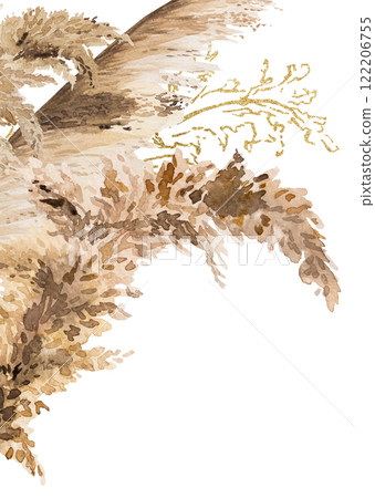 Border with watercolor beige, green and golden pampas grass, Boho Wedding isolated illustration Border with watercolor beige, green and golden pampas grass, Boho Wedding isolated illustration 122206755
