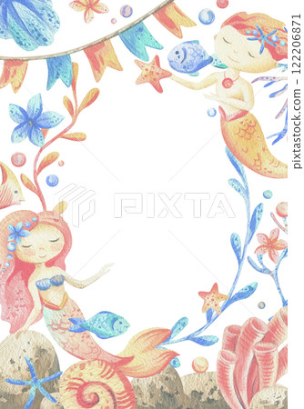 Mermaid little boy and girl with sea corals, algae, shells, starfish, fish, bubbles. Watercolor illustration hand drawn in coral, turquoise and blue colors. rectangular vertical frame template 122206871