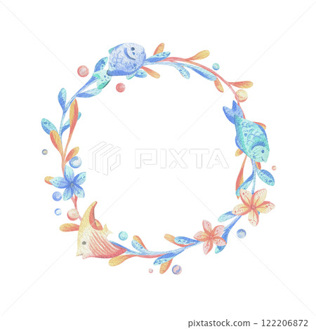 Sea corals, algae, flowers, fish, bubbles. Watercolor illustration hand drawn in coral, turquoise and blue colors. Round frame wreath isolated from the background. Sea corals, algae, flowers, fish, bubbles. Watercolor illustration hand drawn in coral, turquoise and blue colors. Round frame wreath isolated from the background. 122206872