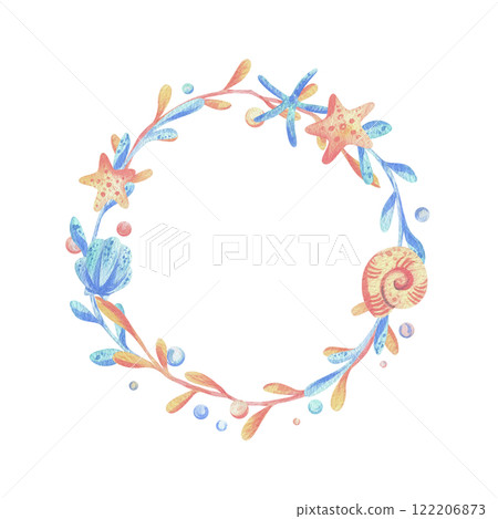 Sea corals, algae, shells, starfish, bubbles. Watercolor illustration hand drawn in coral, turquoise and blue colors. Round frame wreath isolated from background Sea corals, algae, shells, starfish, bubbles. Watercolor illustration hand drawn in coral, turquoise and blue colors. Round frame wreath isolated from background 122206873