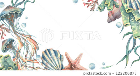 Jellyfish, corals, sea sponges, algae, shells, starfish and bubbles. Hand drawn watercolor illustration on the theme of sea animals and the underwater world. Horizontal rectangular frame, template Jellyfish, corals, sea sponges, algae, shells, starfish and bubbles. Hand drawn watercolor illustration on the theme of sea animals and the underwater world. Horizontal rectangular frame, template 122206875